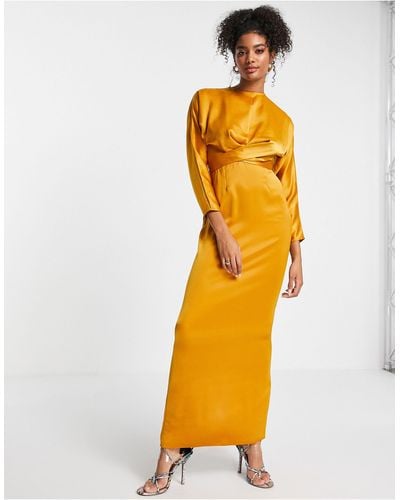 ASOS Satin Maxi Dress With Batwing Sleeve And Wrap Waist - Yellow