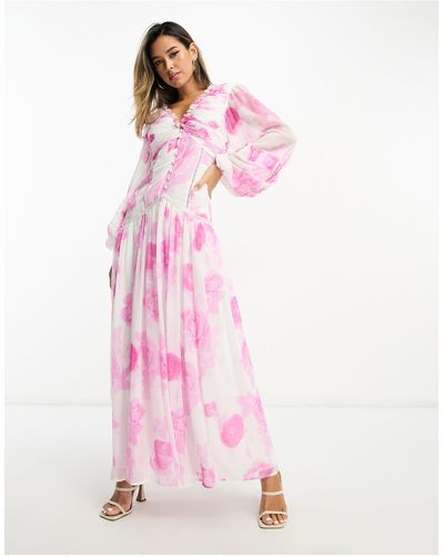 ASOS Maxi-jurk Met Knoopjes, Platgestikte Plooitjes En Kanten Inzetstukken - Roze