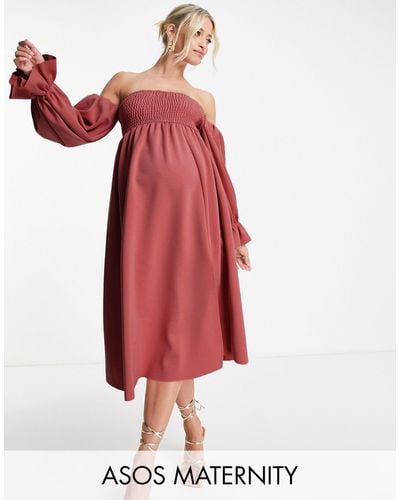 ASOS Asos Design Maternity Shirred Bust Blouson Sleeve Midi Dress - Pink
