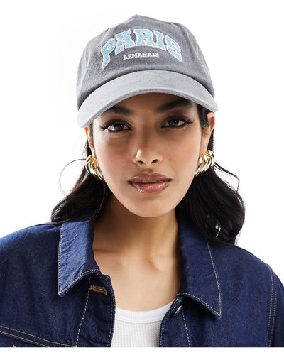 ASOS Paris Slogan Washed Canvas Cap - Blue