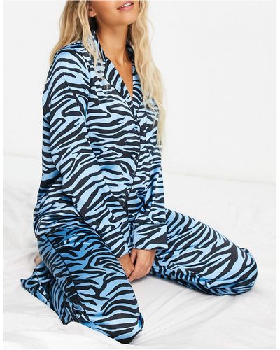 River Island Satijnen Pyjama Overhemd Met Zebraprint - Blauw