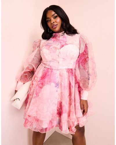 ASOS Curve Organza Swing Dress With Pussybow - Pink