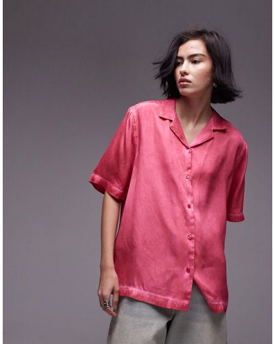 TOPSHOP Short Sleeve Satin Co Ord Shirt - Pink