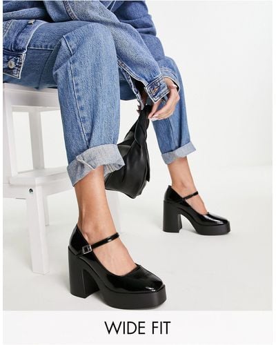 ASOS Wide Fit Penny Platform Mary Jane Heeled Shoes - Black