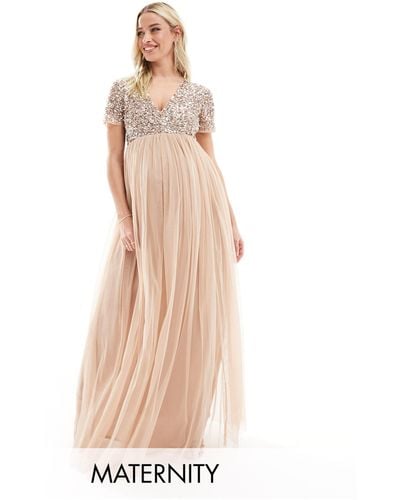 Maya Maternity Bridesmaid Short Sleeve Maxi Tulle Dress With Tonal Delicate Sequins - Multicolor