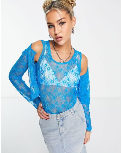 Native Youth Stretch Lace Cami And Cardigan Set - Blue