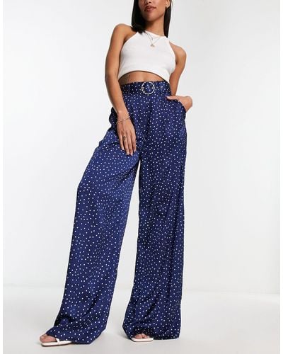 Mango Broek Met Wijde Pijpen, Hoge Taille En Figuurnaden - Blauw