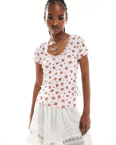 Monki Pointelle Top With Scoop Neck And Lace Trim - White