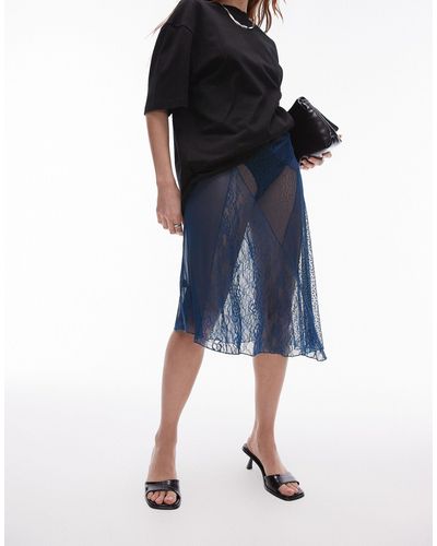 TOPSHOP Sheer Dobby Mesh Paneled 90s Length Skirt - Blue