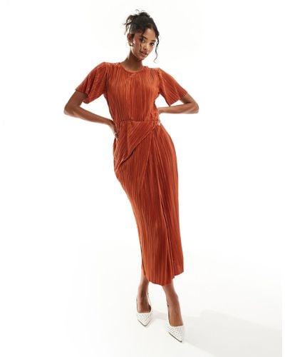 ASOS Plisse Short Sleeve Twist Skirt Midi Dress - Red