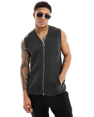 ASOS Knitted Relaxed Fisherman Rib Tank With Zip - Black