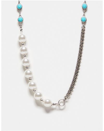 Reclaimed (vintage) Collana unisex argentata con perline e perle - Bianco