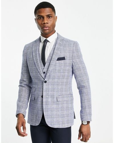 French Connection Linen Checked Suit Jacket - Blue
