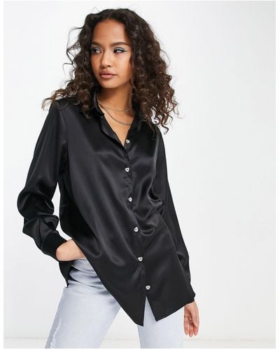 Miss Selfridge Oversized Satin Shirt With Diamante Buttons - Black