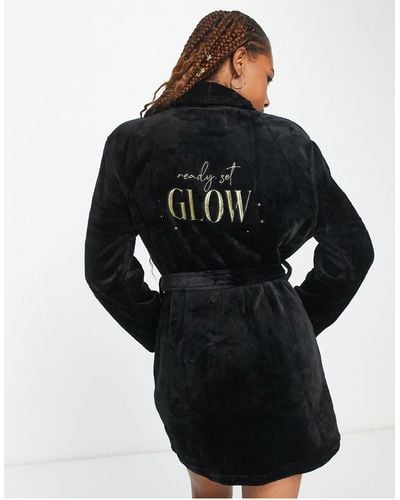 New Look 'ready, Set, Glow' Slogan Dressing Gown Robe - Black