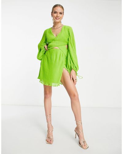 ASOS Plisse Shirt Mini Dress With Wrap Waist Detail - Green