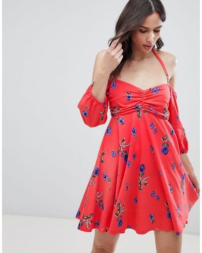 ASOS Bardot Sundress With Bubble Sleeves - Red