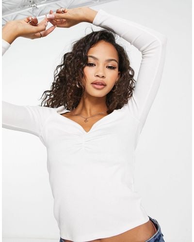 New Look Ruched Sweetheart Neck Long Sleeve Top - White