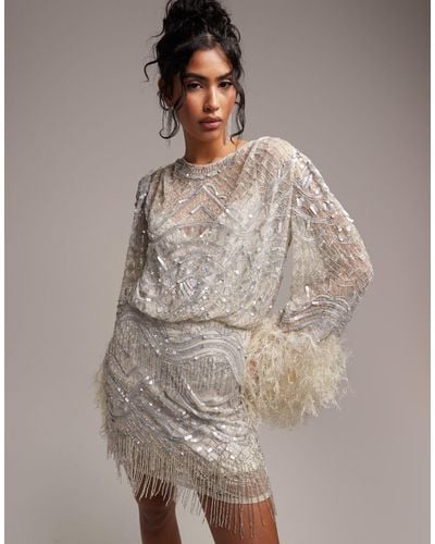 ASOS Embellished Mini Wedding Dress With Fringe Cuff - Brown