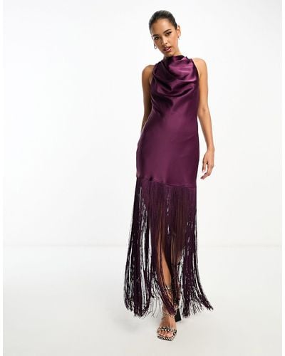 ASOS Satin Halterneck Mini Dress With Fringe Hem - Purple