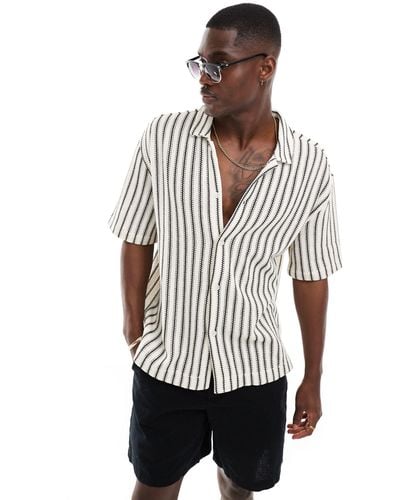 Bershka Textured Revere Neck Stripe Shirt - White