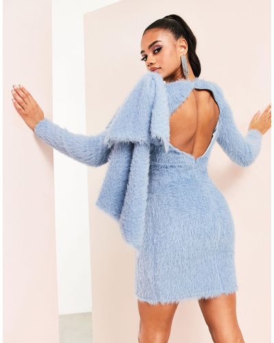 ASOS Fluffy Knit Mini Dress With Dramatic Bow - Blue