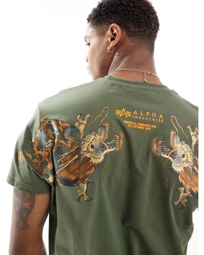 Alpha Industries Alpha - t-shirt oliva scuro con stampa di drago sul retro - Verde