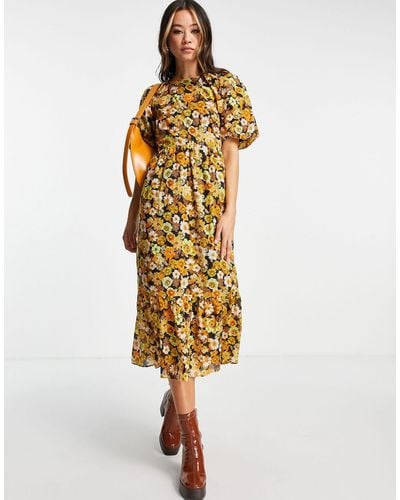 TOPSHOP 70's Floral Puff Sleeve Midi Dress - Multicolour