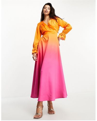 Flounce London Robe longue à manches longues - rose et orange dégradé