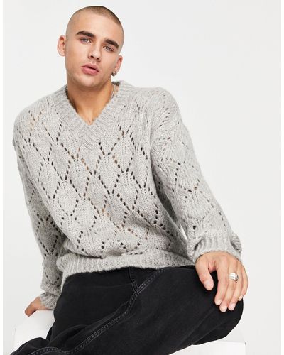 ASOS Knitted Pointelle Sweater With V-neck - Gray