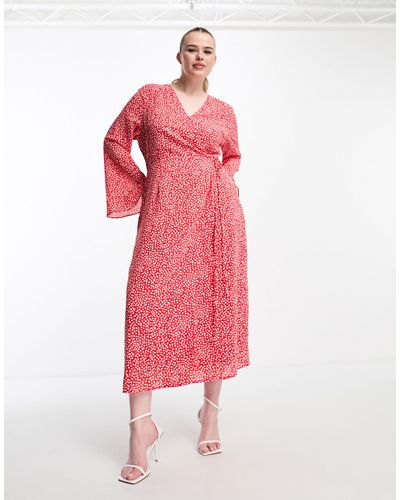 Glamorise Midi Wrap Dress With Fluted Sleeves - Pink
