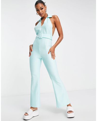 ASOS Rib Zip Front Collared Jumpsuit With Belt - Blue