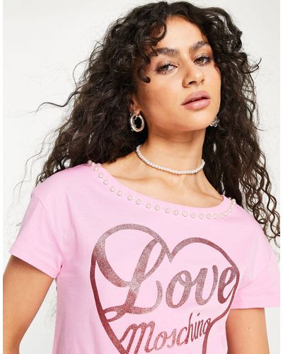 Love Moschino T-shirt Met Rand Van Pareltjes En Glitterend Logo - Roze