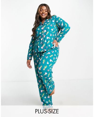 Chelsea Peers Plus - Pyjamaset Met Overhemd Met Lange Mouwen En Broek Met Cactus- En Kattenprint - Blauw