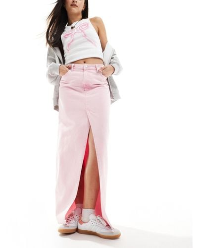 Monki Midaxi Denim Skirt With Front Split - Pink