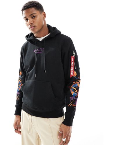 Alpha Industries Dragon Embroidered Front And Sleeve Print Hoodie - Black