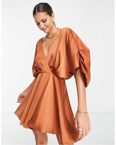 ASOS Satin Batwing Mini Dress With Pleated Bodice Detail - Orange