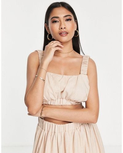 ASOS Ruched Linen Crop Top With Elastic Straps - White