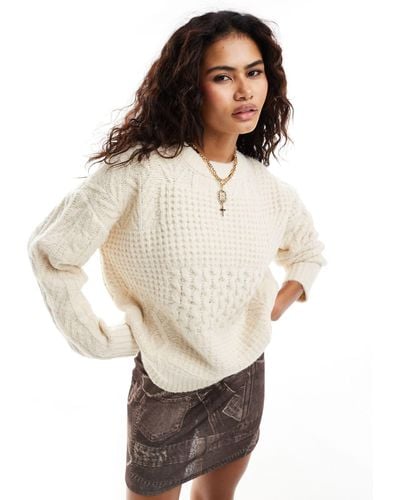 Moon River Crew Neck Long Sleeve Patchwork Knitted Jumper - Natural