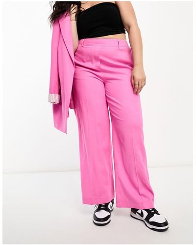 Yours Wide Leg Linen Look Trousers - Pink