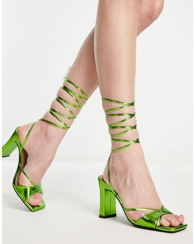 London Rebel Spaghetti Strap Tie Leg Flat Heeled Sandals - Green