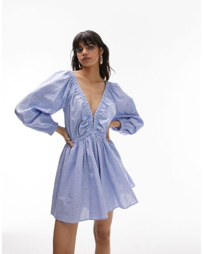 TOPSHOP Elasticated Channel Long Sleeve Playsuit - Blue