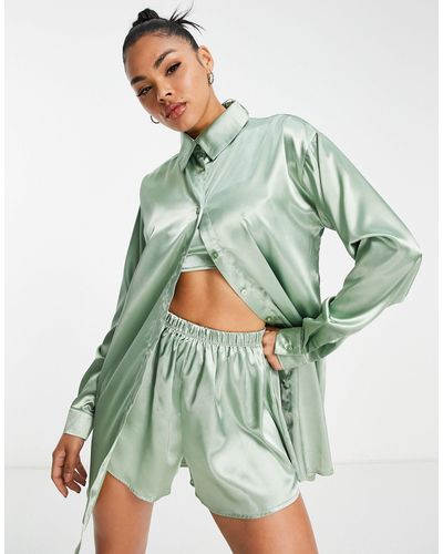 AsYou Mix and match - chemise d'ensemble oversize en satin - sauge - Vert