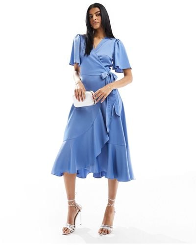 Y.A.S Bridesmaid Satin Wrap Midi Dress - Blue