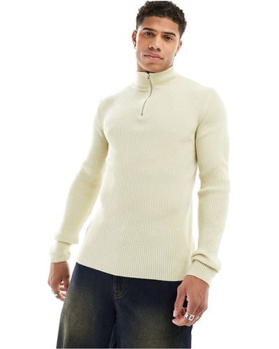 ASOS Muscle Fit Knitted Essential 1/2 Zip Jumper Cream - Natural