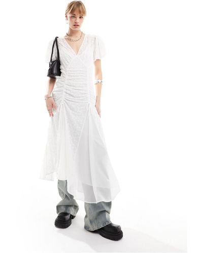 Reclaimed (vintage) Embroidered Tea Maxi Dress With Ruched Detail - White