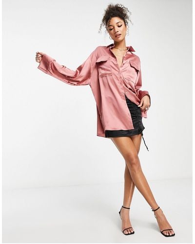 ASOS Satin Oversized Shirt With Wide Cuff Detail - Pink