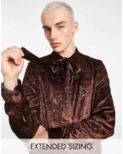 ASOS Paisley Embossed Velvet Shirt With Tie Neck - Brown