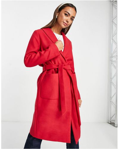 Pieces Alicia Belted Wool Blend Coat - Red