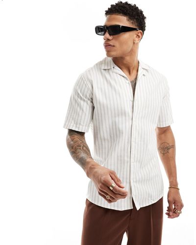 Only & Sons Camicia oxford a maniche corte bianca a righe beige - Bianco
